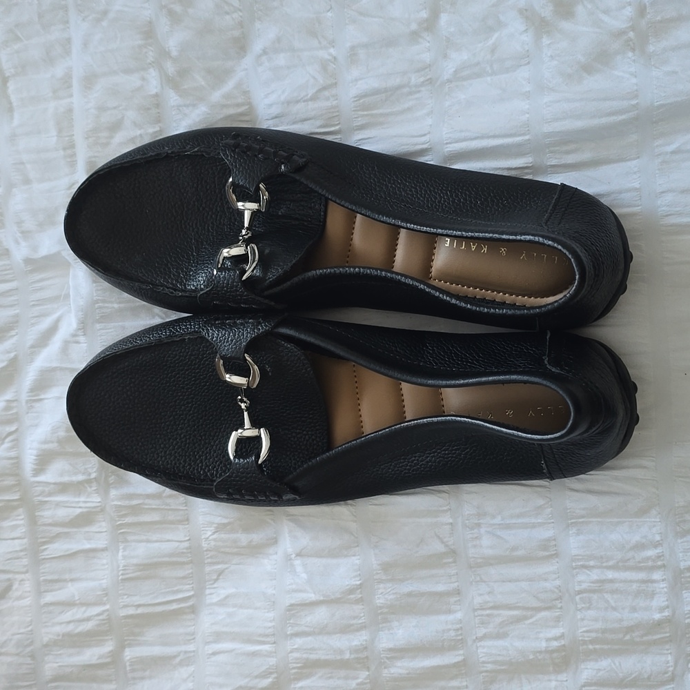 Kelly & Katie black leather loafers with silver buckle, size 8M